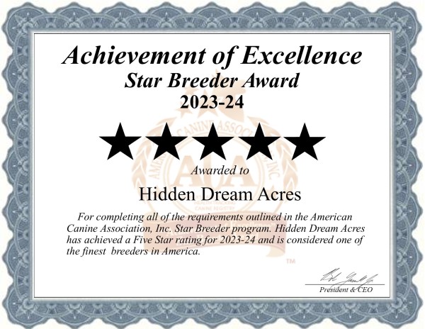 Hidden Dream Acres 5-star breeders certificate